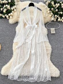 Women's See-Through Sexy White Lace Robe With Belt, Fitted Thin Fabric Nightwear For All Seasons, Elegant Sleepwear And Lingerie - trắng - Xem 2