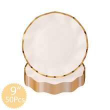 10/30/50 件白色波浪形纸盘，带金色边缘，一次性婚礼派对盘子，7.25 英寸、9 英寸和 10.5 英寸扇形甜点晚餐盘，适用于婚礼派对、新娘性别揭晓生日派对用品 - 白色 - 查看 14