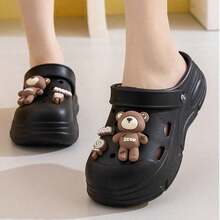 ASOFTER 夏季新款可爱休闲女式黑色镂空凉鞋，小熊装饰，包头厚底拖鞋，适合樱花季、斋月、毕业季、情人节等场合。 - 黑色 - 查看 8