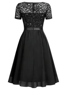 MIUSOL Elegant Women's V-Neck Contrast Lace Sequin Black Flowy Chiffon Swing Dress, Ruffle Trim Ruched Hem, For Wedding Guest, Prom, Homecoming, Birthday Party - màu đen - Xem 8