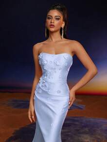 Anymoon 3D Hand Floral Ruffle Trim Mermaid Bridesmaid Dress - Blue - View 7