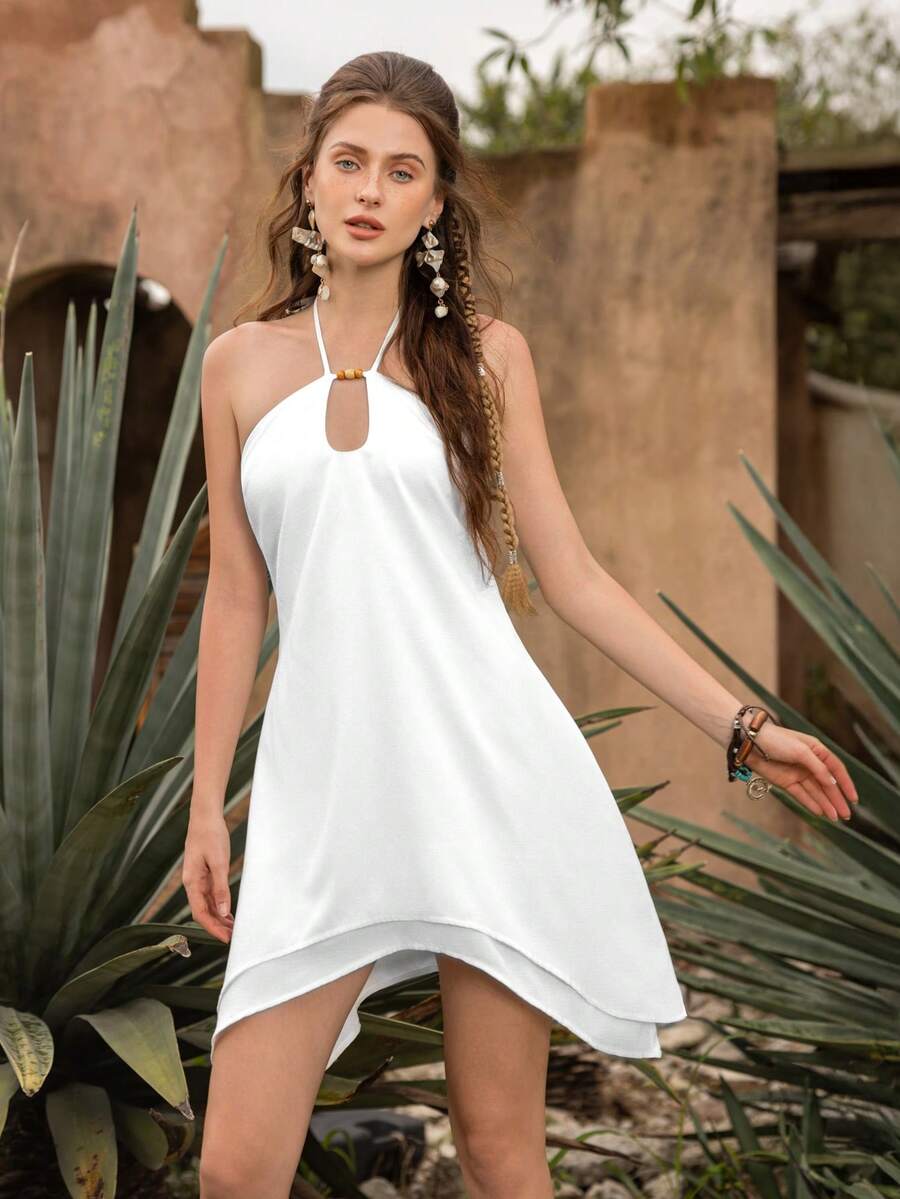 Faeriesty BohoBloom Women's Bohemian Style Backless Tie Strap Dress, Asymmetric Hem | Perfect For Beach Vacation, Music Festivals, Casual Outings, Weekend Getaways And Summer Sightseeing - White - View 1