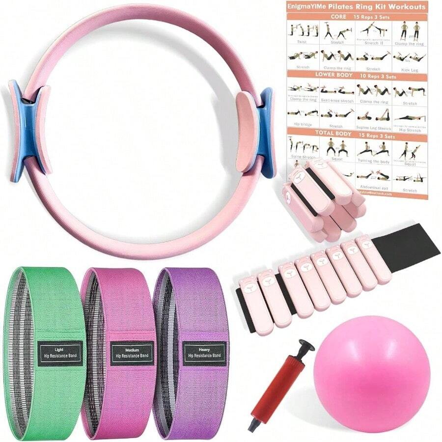 Pilates Ring And Ball Set, Adjustable Ankle Wrist Weights, Resistance Bands, Pilates Equipment Home Workout Kit To Tone, Sculpt And Strengthen, Fitness Magic Circle Rings Yoga Women - Hồng - Xem 1