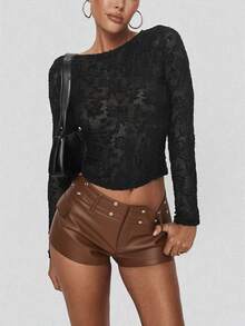 女士棕色高腰镂空金属装饰时尚PU夏季弹力紧身短裤，适合夜店派对、日常穿着、音乐会等场合 - 咖啡棕 - 查看 4