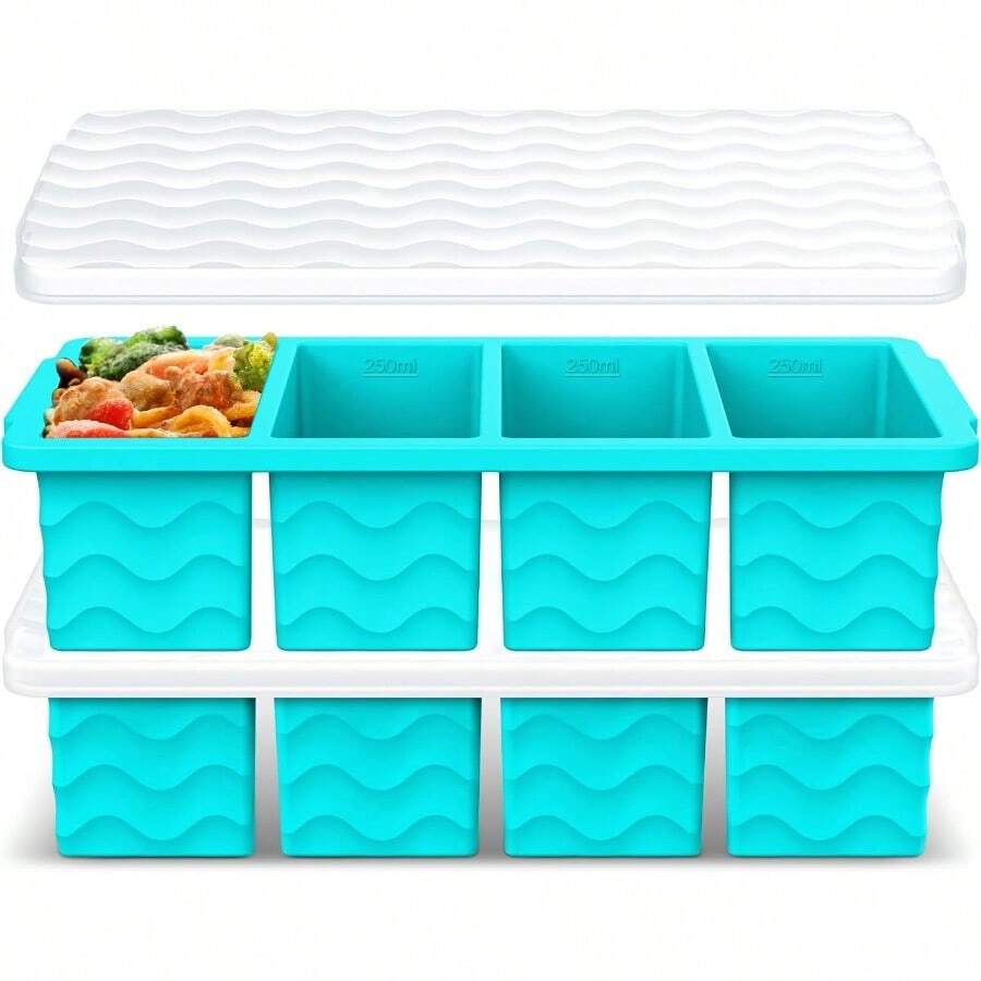 Silicone Freezer Molds For Soup With Lid 1Cup Soup Container Style Ice Cube Trays For Freezer Meal Prep Food Storage Freeze 250mL 125mL Portions 2 Pack - Hồ xanh - Xem 1