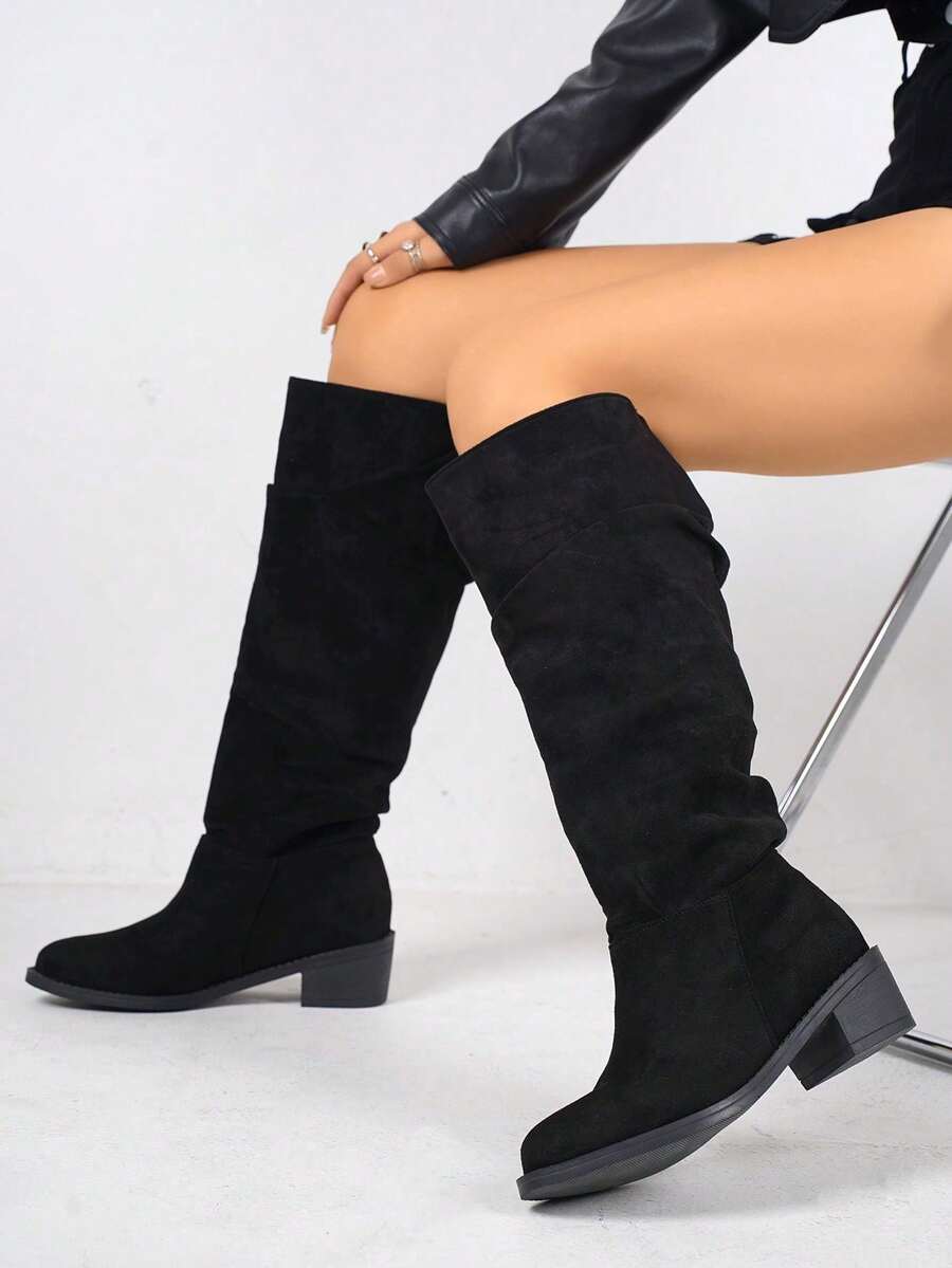 planare 女士时尚休闲褶皱尖头一脚蹬绒面革机车靴、西部靴、粗跟鞋、秋季、秋冬靴、橡胶鞋、中筒靴、时尚靴子、女鞋