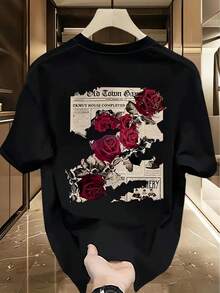 Camiseta gráfica vintage de rosa, ropa unisex para el día de San Valentín, ropa para amantes, camiseta de algodón puro de verano, estilo americano de calle alta, cuello redondo, manga corta, con un diseño único, que exuda una sensación de moda casual de alta gama, perfecta para parejas. - Negro - Ver 1