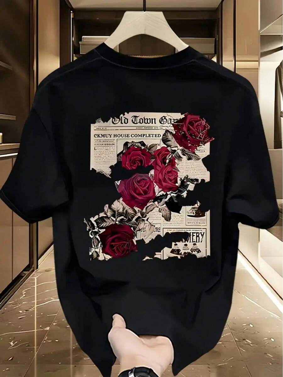 Camiseta gráfica vintage de rosa, ropa unisex para el día de San Valentín, ropa para amantes, camiseta de algodón puro de verano, estilo americano de calle alta, cuello redondo, manga corta, con un diseño único, que exuda una sensación de moda casual de alta gama, perfecta para parejas. - Negro - Ver 1