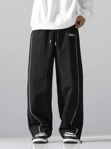 Herren Buchstaben-Muster Kordelzug Taille lockere lässige lange Hose, geeignet für Straße, Alltag, Outdoor, Laufen, Fitness, Freizeitsport - Schwarz - Übersicht 3