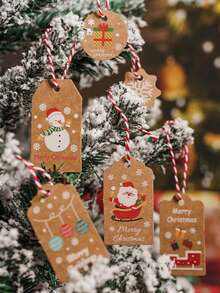 100pcs Christmas Decoration Hang Tags Santa Claus Gift Box Decor Small Cards Bouquet Hang Tags With Strings For Christmas Packaging, DIY Christmas Gifts