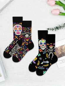 1/2/4/5/10 双趣味袜子，不对称 Andy 女士中筒袜，适合日常派对装扮，亡灵节图案中筒袜，黑色配彩色糖头骨、花卉和骷髅印花，女士袜子，白色袜子，黑色袜子，踝袜，中筒袜，长袜，休闲袜， - 黑色 - 查看 10