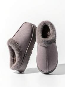 男女通用毛绒拖鞋，室内防滑保暖舒适纯色毛绒包头拖鞋，适合秋冬季