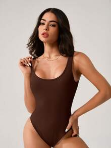 NcmRyu Women's Solid Color Seamless Ribbed Romper - Sleeveless Yoga & Workout Jumpsuit, Comfortable Breathable Slim-Fit Activewear For Exercise & Casual Wear - 咖啡棕 - 查看 4