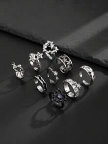 9pcs Fashionable Punk Style Crystal Star Rings Set, Adjustable For Men Casual Daily Wear - 9pcs - View 4