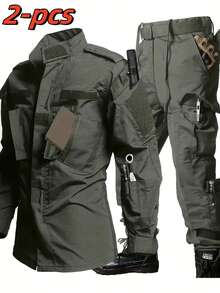 A Solid Color Spring And Autumn Outdoor Outfit, Consisting Of 2pcs, Featuring Multiple Pockets And Durable Multifunctional Design For Men, Equipped With, A Popular Choice Among The Masses. - màu xanh lá - Xem 1