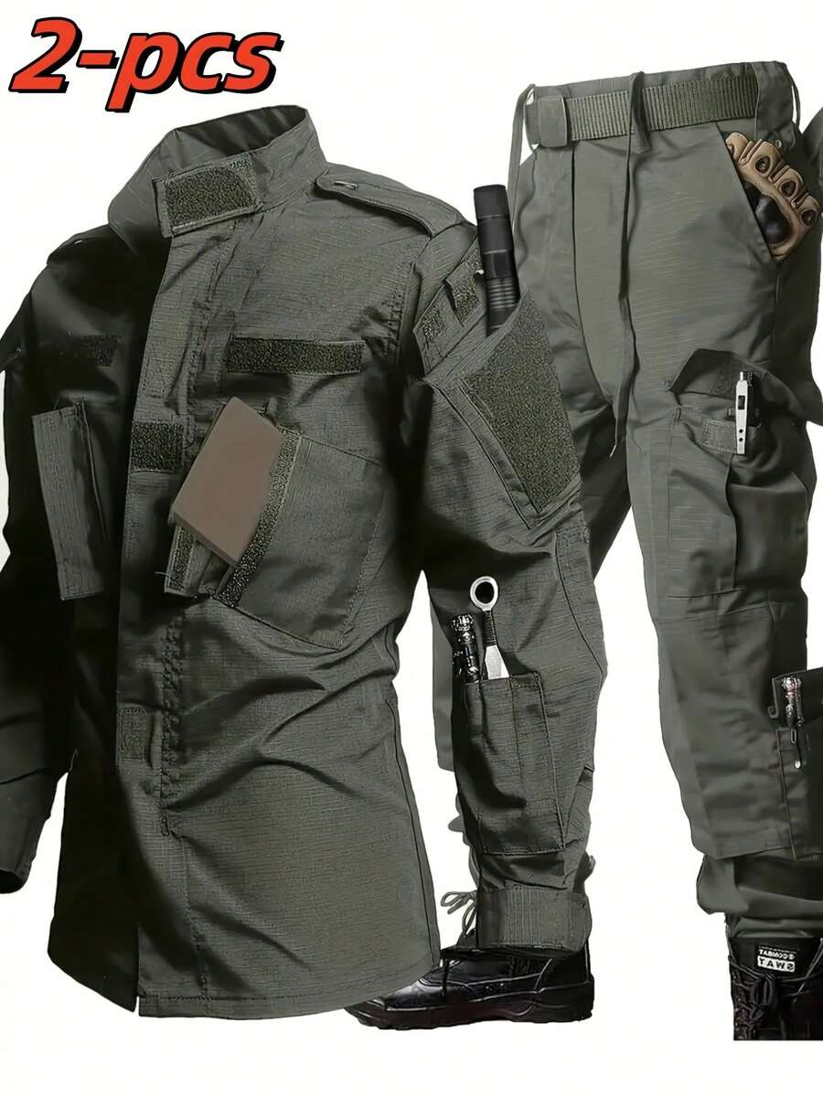 A Solid Color Spring And Autumn Outdoor Outfit, Consisting Of 2pcs, Featuring Multiple Pockets And Durable Multifunctional Design For Men, Equipped With, A Popular Choice Among The Masses. - màu xanh lá - Xem 1