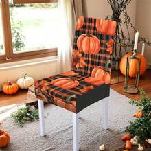 1/4/5/6/7/36pcs Thanksgiving Plaid, Line, Pumpkin & Maple Leaf Print Chair Cover/Seat Covers Set, Suitable For Indoor Home, Restaurant, Hotel, Ideal For Modern Daily Decor. Tablecloth Fits Square Dining Table, Elastic Chair Covers Are Washable. - Multicolor - View 8