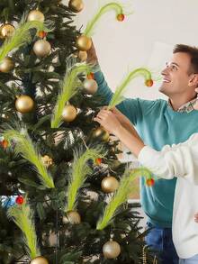 8 Stücke Weihnachtsbaum Dekorationen, thematische Heimdekoration, grüne Zweige, rote Kugeln, Pampasgras Elfen Picks, Weihnachtsdekorationen, Heimdekoration, Tischaufsatz, Vase Füllungen, Weihnachtsbaum Deko, DIY Kranz Zubehör