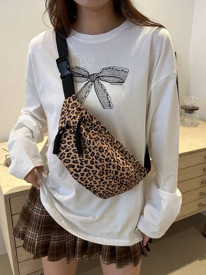 时尚豹纹尼龙斜挎包纯色单肩包女士休闲单肩包，适合户外运动时尚豹纹包秋冬时尚豹纹女士钱包