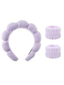 3件套水疗头带、化妆头带、洗脸头带、护肤头带、天鹅绒蓬松海绵头带、泡泡、水疗头带、腕带、女士和女孩发饰套装