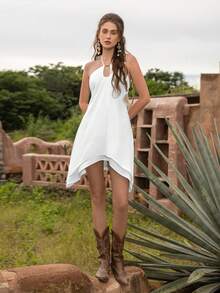Faeriesty BohoBloom Women's Bohemian Style Backless Tie Strap Dress, Asymmetric Hem | Perfect For Beach Vacation, Music Festivals, Casual Outings, Weekend Getaways And Summer Sightseeing - White - View 8
