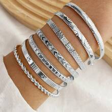 7Pcs/Set Gold Jewelry Bracelet Set, Various Patterns Design For Women, Great For Valentine's Day/New Year - 銀色 - 查看 3