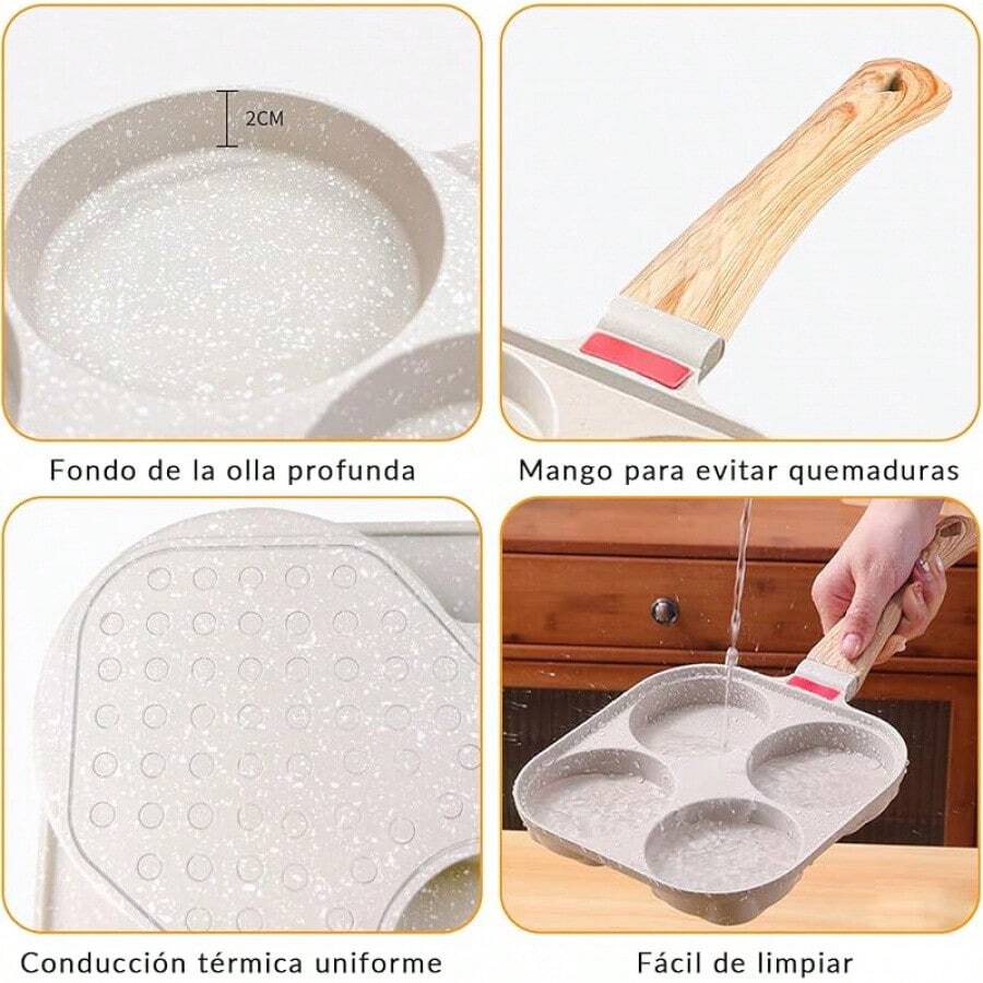 Sartén Multifuncional de Cuatro Agujeros, Sartén Antiadherente de Cuatro Agujeros para Hamburguesas (Negro) con Tapa de Vidrio, Sartén de Aluminio con Cepillo y Espátula de Silicona - blanco - Ver 1