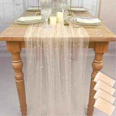 4pcs Faux Pearl Decorative Tablecloth, Wedding Champagne Pearl Tulle Tablecloth, Wedding Arch Decoration, Reception Bride Shower, Party Decoration, Chair Streamers, Event Background Wall Decoration, Christmas, Wedding Decoration For Valentine's Day