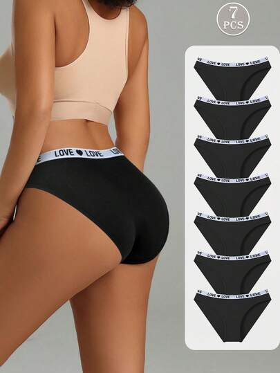 7pcs/Pack Women's Black Cotton Letter Waistband Boyshort Panties, Soft & Comfortable Sporty Casual Briefs