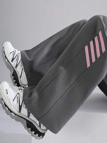 JUTU 条纹侧边拼接运动裤，灰粉色条纹，休闲运动风抽绳高腰直筒运动裤，美式风格，适合春、秋、冬季穿着 - 1A49煙灰拼粉 - 查看 7