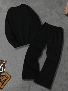 男士秋冬常规款运动衫和运动裤套装，个性化赛车印花和文字设计，时尚休闲装，带口袋运动裤，两件套 - 彩色 - 查看 4