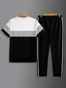 2 件男士运动套装，透气舒适，优质面料超柔软渐变休闲圆领短袖上衣和慢跑裤套装，流行服装 - 黑色 - 查看 3