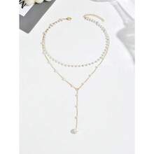 1pc Gold Y-Shaped Design Layered Necklace, Details Decorated With Rhinestones & Faux Pearl, Suitable For Daily Wear By Women, Friendship Gifts, Banquet Parties - 金色 - 查看 3