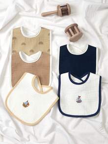 5件装柔软婴儿U型围兜卡通刺绣图案多功能拍嗝巾婴儿喂奶口水垫 - 彩色 - 查看 8