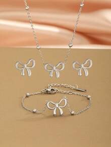 Set de 3 piezas: Collar con colgante de mariposa, pulsera y aretes de acero inoxidable plateado de moda exquisita, adecuado como accesorio de joyería de uso diario para niñas como regalo - Plateado - Ver 3