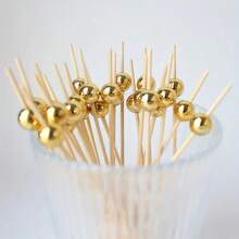 200pcs 4.7 Inch Cocktail Picks, Bamboo Cocktail Sticks For Drinks, Desserts, Appetizers, Wedding Party Fancy Toothpicks, Gold Pearl Mini Food Picks Decor