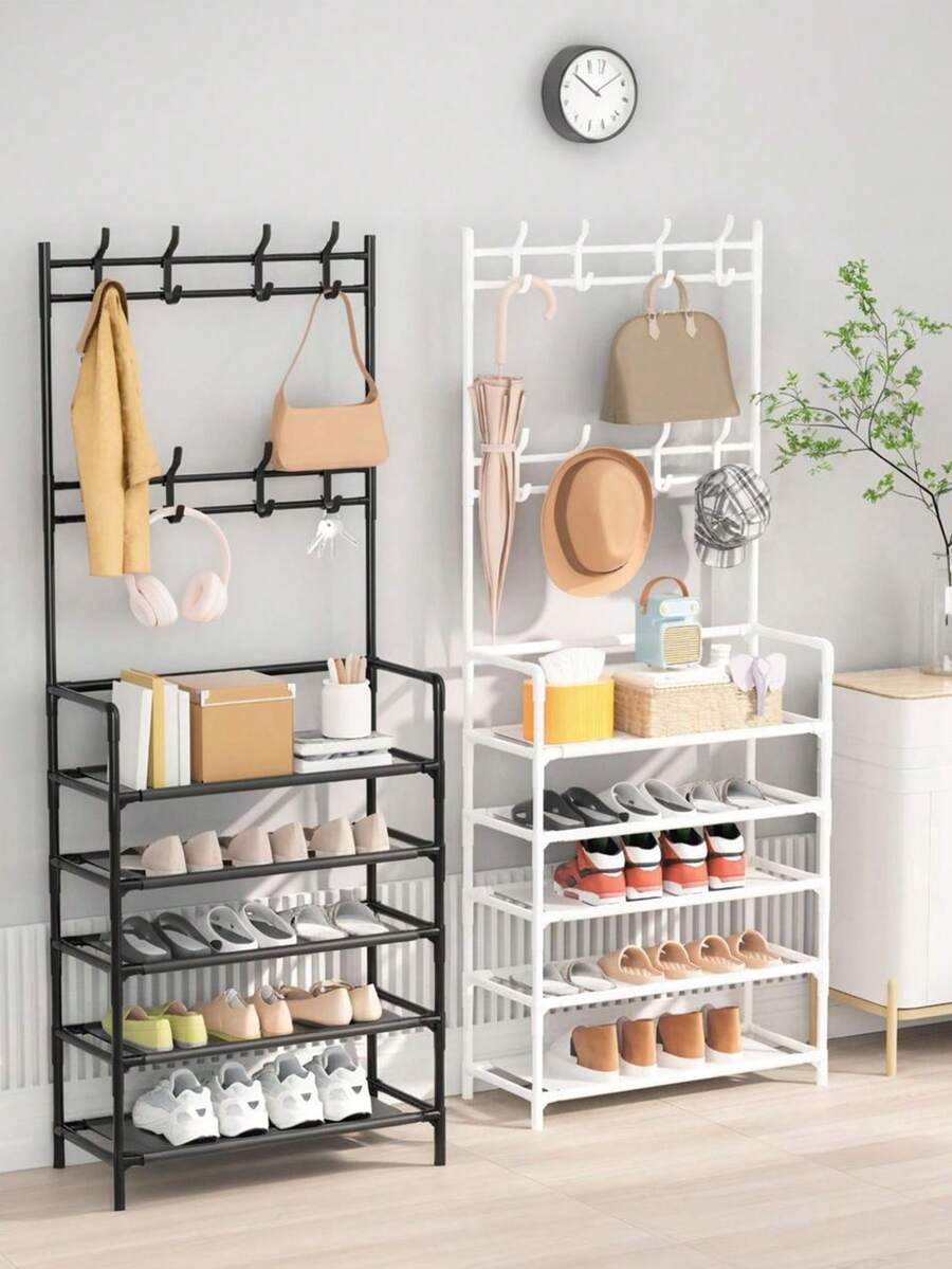 1pc Household Assembled Space-Saving 4-Tier/5-Tier Metal Clothes Hanger & Shoe Rack - Sturdy, Durable Multi-Function With 8 Hooks And Shelves, Suitable For Entryway, Bedroom, Bathroom - Easy To Assemble - Multicolor - View 1