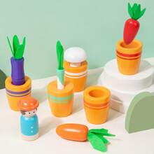 Cute Flower Pot Matching Planting Cup Color Matching Game, Vegetable Size Matching Cognitive Thinking Training Educational Wooden Toy