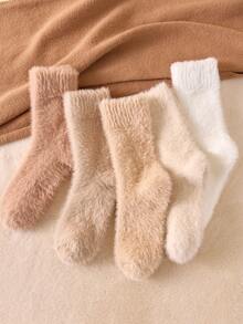 2/4 Pairs Women's Plush Thermal Warm Socks Simple Mink Plush Socks Mid-Calf Socks Crew Socks Thick Soft Fluffy Comfortable Socks Floor Socks, Christmas Gift, Random Color, Suitable For Fall&Winter, Cozy Socks - Multicolor - View 8