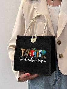 1个“最佳教师”印花亚麻手提袋，可重复使用印花手提包，女士双提手购物书包，大容量单肩包，休闲手提包，圣诞节收纳袋，适合通勤、上学、购物、户外活动，可作为礼物送给朋友、女朋友，教师节、节日等场合。 - 黑色 - 查看 7