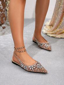 New Fashionable Rhinestone Pointed Toe Flat Slip-On Shoes, Comfortable & Versatile Shiny Flats For Women - Champagne - View 6