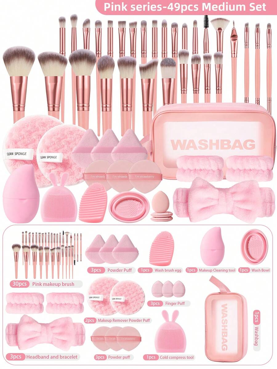 49件套旅行必备化妆刷：30支超柔软优质合成纤维化妆刷（粉底/散粉/腮红/修容/眼影/眉毛/唇部/细节刷）+ 防水大容量拉链化妆包（可收纳化妆品和工具）+ 2条防晕染毛巾布面巾 + 1条柔软毛巾布化妆头带 – 适合日常化妆、海滩度假、送礼、旅行、情人节等场合，价格实惠，是送给女性、化妆师和专业人士的理想之选。 - 粉紅色2 - 查看 1