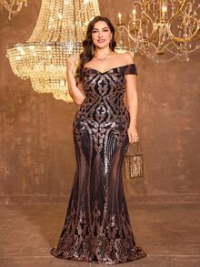 UNITHORSE Plus Size Women Off Shoulder Backless Dress, Glitter Sequins Decoration, Elegant Evening Party Dress, Bride Dress, Birthday Outfits, Graduation Dress, Formal Dress, Fall Women Clothes - 金色 - 查看 1