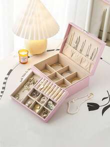 1pc Dual Layer Large Capacity Jewelry Box, Minimalist Leather Jewelry Storage Box, Portable Solid Color Rectangular Jewelry Organizer, Vanity Jewelry Box With Drawer, PU Leather Travel Jewelry Box, Convenient For Travel, Dual Layer Storage Box, Large Capacity For Earrings, Necklaces, Bracelets