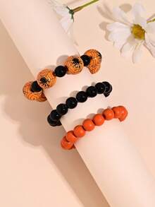 3pcs/Set Horror Cool Colorful Skull Head Elastic Beaded Bracelets For Women, Men, Party
