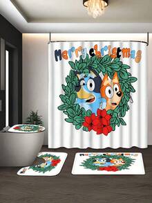 [Christmas Bluey Shower Curtain Window Curtain Set] 1/3/4pcs Christmas Solid Color Santa Hat Bluey Family And Friends Holiday Pattern Printed Shower Curtain Set, Modern Design, Suitable For All Seasons, Waterproof Polyester Hooks And Lining, Flannel Material, Soft Surface, Absorbent Anti-Slip Bathroom Mat, Bathroom Set Includes U-Shaped Mat, Toilet Mat, Anti-Slip Bathroom Mat And Bathroom Accessories, Home Decor, Holiday Decor, Christmas Gift, Daily Decor, Gift Giving