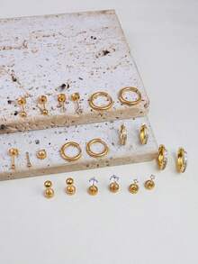 Bộ 10 khuyên tai cổ điển, có thể đeo chồng lên nhau, làm từ thép không gỉ mạ vàng 14K, phù hợp với nhiều vị trí xỏ khuyên, đính kèm các hạt đá Cubic Zirconia nhỏ, kiểu dáng đinh tán phẳng, có thể đeo ở dái tai, sụn tai, vành tai, v.v. - Vàng3# - Xem 5