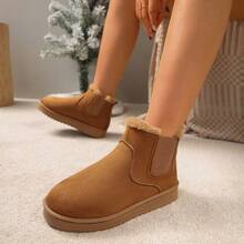 2024 加大码秋冬保暖羊毛雪地靴防滑百搭平底厚底舒适一脚蹬靴（小1码） - 紫紅色 - 查看 4