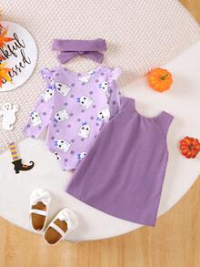 3pcs/Set Baby Girls' Halloween Ghost Print Purple Romper And Cute Ghost Face Embroidered Suspender Skirt Set, Essential Halloween Outfit - Purple - View 2