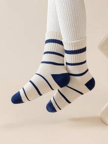 5 Pairs Kids/Toddler Boys' Crew Socks, White, Blue, Colorblock, Striped, Cartoon Letter, Ribbed, Warm, Suitable For Daily Wear, Gifts, Cute, Fashionable, Simple, Suitable For Students, Warm - Multicolor - View 3
